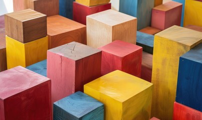 Bright wooden blocks in pink, blue, yellow, and red, abstract design background