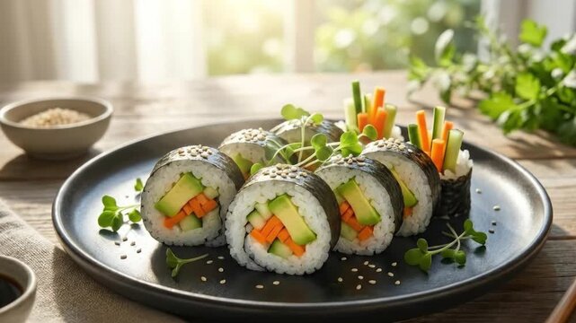 Close up of fresh vegan maki sushi rolls with avocado and cucumber on a wooden table in sunlight