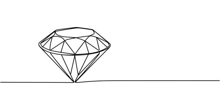 Continuous one line drawing of diamond. One line drawing illustration of diamond jewellery, Diamond one line drawing. Gem symbol continuous line illustration isolated on white background.