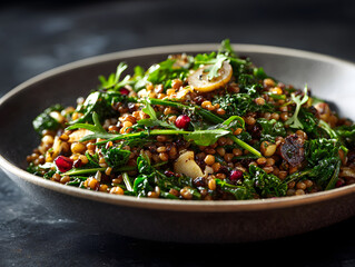 Lentil and kale grain bowl with greens, roasted mushrooms, pomegranate seeds and lemon slices, warm plant forward healthy salad with vibrant