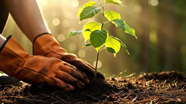 A close-up shot captures hands, protected by earthy orange gloves, diligently planting a vibrant young sapling into rich, dark soil. The scene is bathed in a warm, golden light filtering from the back