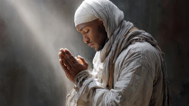 Muslim man praying humbly in serene atmosphere during the peaceful early morning light