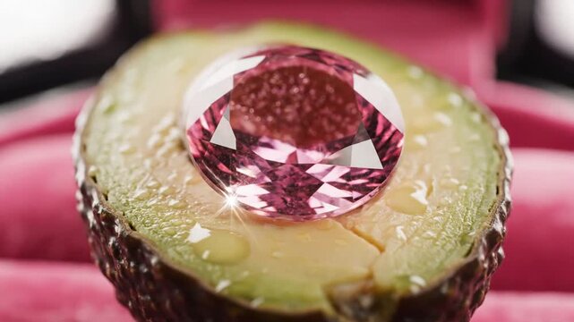 Cinematic close up of a fresh green halved avocado featuring a precious glistening pink gemstone ruby center instead of a pit, vibrant fruit jewelry art concept in high resolution detail.