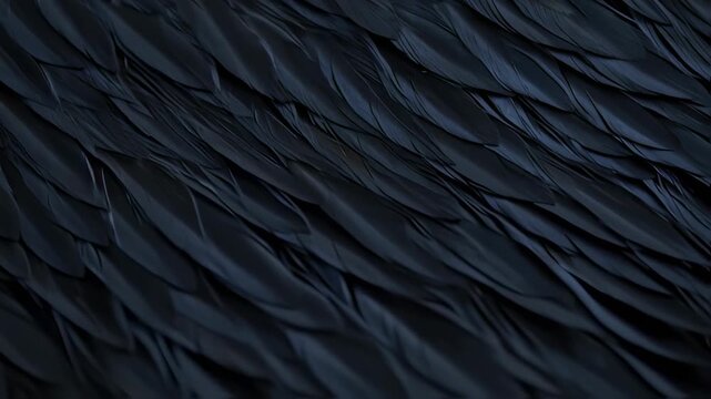 Close-up of layered, glossy black feathers, arranged diagonally with soft lighting and subtle textures