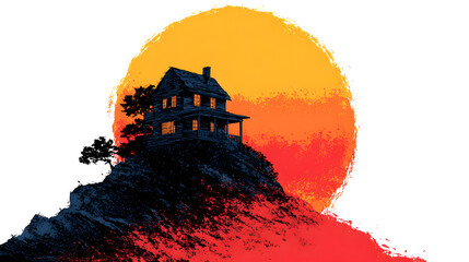 Stylized illustration of a lonely, dark wooden farmhouse perched atop a rugged hill against a massive, vibrant orange and red setting sun graphic design.