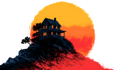 Stylized illustration of a lonely, dark wooden farmhouse perched atop a rugged hill against a massive, vibrant orange and red setting sun graphic design.