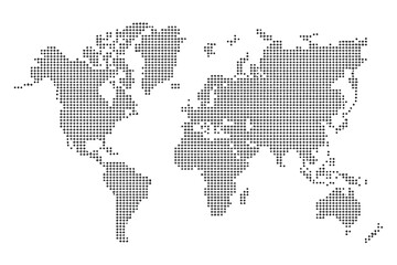 Halftone World Map with Dot Pattern Dotted Globe Continents Graphic, Minimal Black and White Earth Planet for Digital Travel Infographics and Geography Visuals, Vector Illustration.