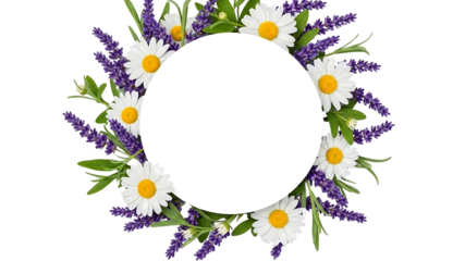 Elegant Lavender and Daisy Floral Wreath Frame with White Circle on Black Background