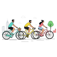 Fototapeta premium Diverse friends cycling together in a stylized city park, enjoying a healthy outdoor activity.