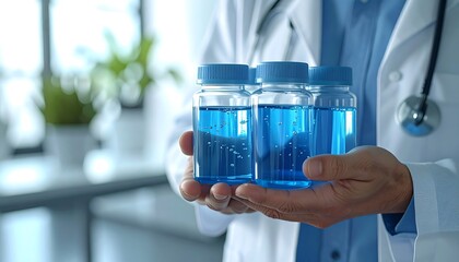 Medicine in the Hands of a Doctor: The image showcases a medical professional in a lab coat, holding vials of blue liquid, likely medicine or a medical solution.