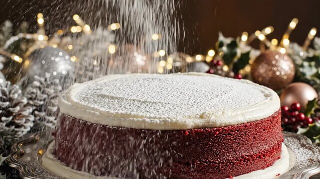 Festive Flourish: A luscious red cake, adorned with delicate powdered sugar, takes center stage amidst a backdrop of holiday cheer.