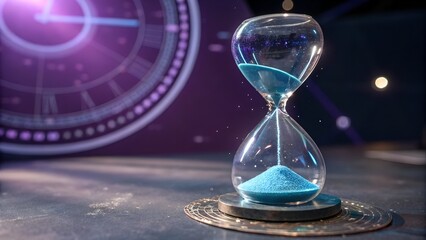 Hourglass with blue sand on metallic base with futuristic clock in background