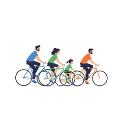 Obraz premium Family Cycling Together: Parents and Children on Bicycles, Outdoor Activity, White Background