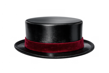 Black top hat with red velvet ribbon representing formal fashion, vintage style, magic, and performance