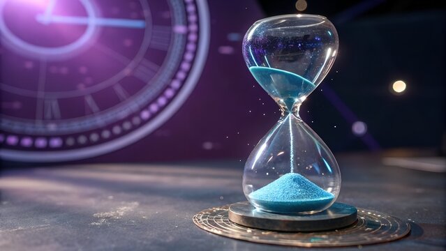 Hourglass with blue sand on metallic base with futuristic clock in background - Powered by Adobe