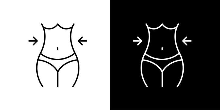 Minimalist line art icons representing a slim female body silhouette on white and black backgrounds