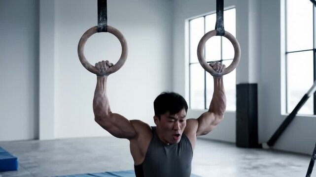 Asian Man Doing Gymnastics Rings Exercise in Gym