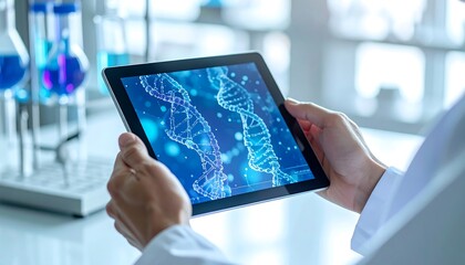 Scientific Analysis: A scientist examines a digital tablet displaying a detailed 3D rendering of a DNA strand in a sterile laboratory setting.