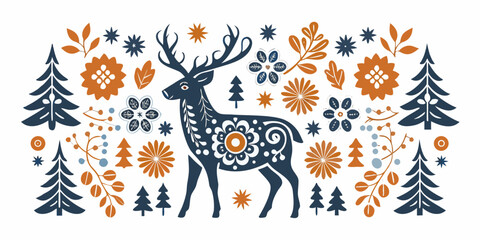 a decorative illustration featuring a deer surrounded by foliage and stylized trees