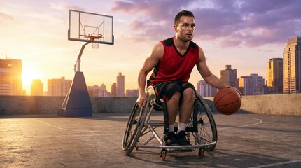 Man in wheelchair holding basketball on urban rooftop court at sunset. Wheelchair basketball player demonstrating athletic determination. Disability sports empowerment and rehabilitation inspiration
