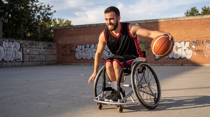 Male wheelchair basketball player dribbling ball on outdoor urban court. Disabled athlete in adaptive sports demonstrating determination. Paralympic training inclusive fitness and rehabilitation
