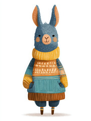 Obraz premium Llama illustration scandinavian blue sweater alpaca knitwear animal character wool smiling face happy expression winter clothing folk art textile design yarn graphic