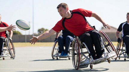 Men in wheelchairs playing rugby and passing ball during intense match on outdoor court. Disabled athletes in action-packed game. Paralympic sport promoting physical rehabilitation and inclusive