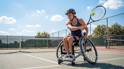 Woman in wheelchair hitting tennis ball with racket during match. Paralympic athlete playing adaptive sports on outdoor court. Disability inclusion and rehabilitation through physical activity and