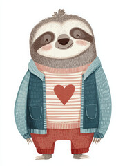 Obraz premium Happy sloth illustration animal scandinavian sweater heart jacket red blue mammal drawing showing cheerful content expression with winter garment design for home decor folk art