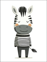 Fototapeta premium Happy zebra scandinavian illustration animal striped sweater nursery character cute friendly wildlife creature wearing fashionable clothing child room wall art minimalist poster design