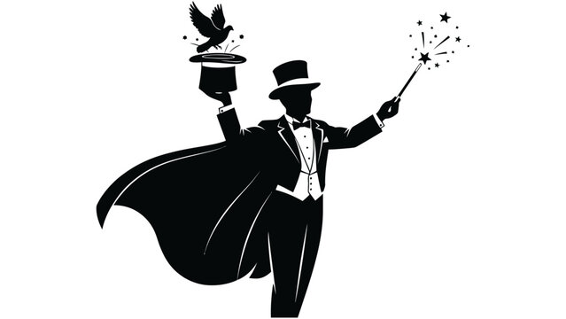 A magician in a tuxedo and top hat performs magic tricks