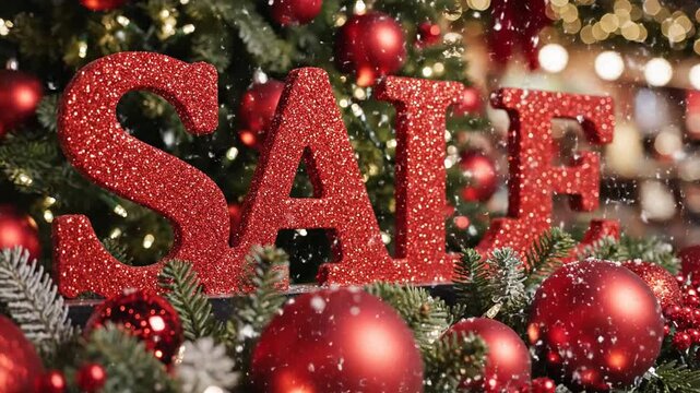 Cinematic slow motion shot of shimmering crimson glitter sale placard positioned amidst glossy holiday baubles and lush green festive spruce branches during the winter retail season.
