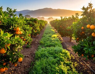 Orange Orchard Landscape with Morning Sunlight