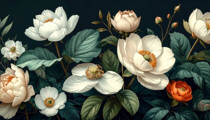 A vibrant floral illustration, with lush foliage and elegant blooms in shades of white, peach, and coral against a dark backdrop