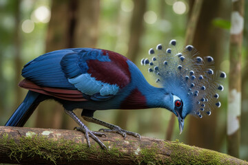A vivid scarlet bird with a long curved beak balancing on a thick green tropical branch