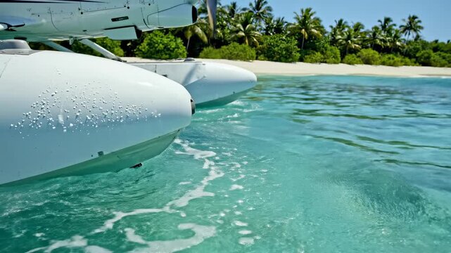 Floating Airplane Paradise: A seaplane floats serenely atop crystal-clear turquoise waters, its pontoons creating gentle ripples, with a backdrop of a lush tropical island beach.
