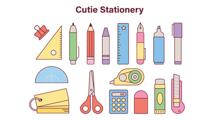 A colorful illustration of cute stationery items on a white background