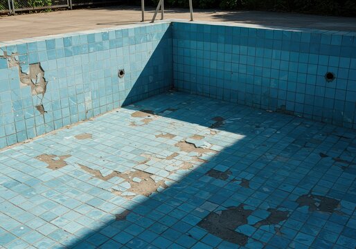 Faded blue tiles and cracked cement surrounding an empty vintage swimming pool basin under bright summer sunlight, evoking nostalgic memories ,deserted ,aquamarine ,retro