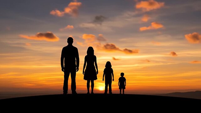 Silhouette Family Stick Figures at Sunset Scenery Orange Sky
