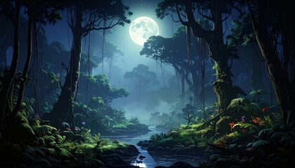 Fototapeta premium Mystical Moonlit Jungle Path with Glowing Fog and Ancient Trees in Fantasy Forest