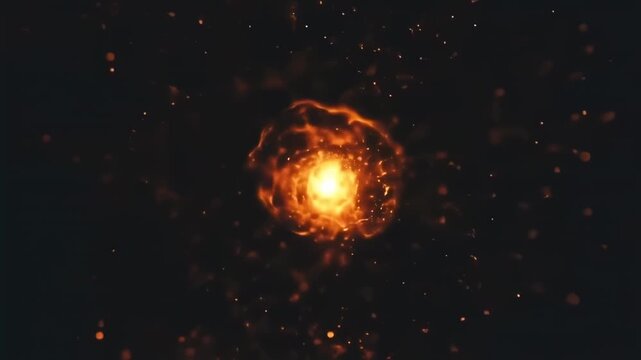 Glowing central orb surrounded by scattering sparks against a black background