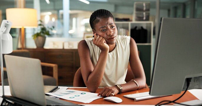 Business, trading and black woman with computer, fatigue and exhausted with deadline for audit. African person, pc and investor in office, overwhelmed and tired with burnout, email and brain fog
