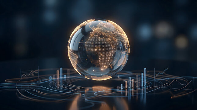 Futuristic digital earth globe with glowing dot matrix map on dark data analytics surface - Powered by Adobe