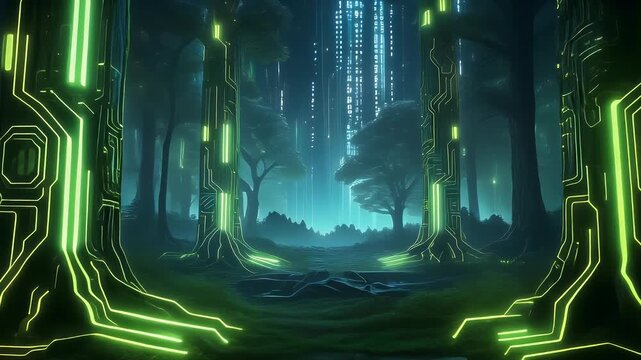 Luminous neon green circuit lines glow through a mystical forest, creating a captivating and surreal fusion of nature and technology in a futuristic digital landscape