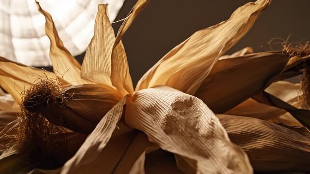 Close-up of dried corn husks and kernels. The textures and tones create a warm, autumnal feel