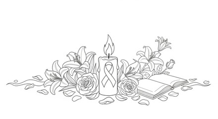 Candle with heart design surrounded by roses and an open book