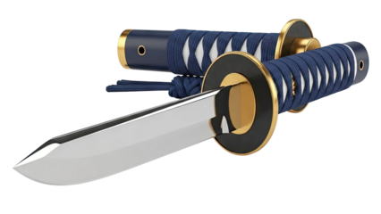 Japanese Tanto Knife with Blue Handle Wrap and Gold Accents