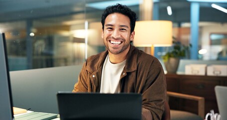 Journalist, portrait and man with laptop, smile and career ambition with copywriting. Asian person,...