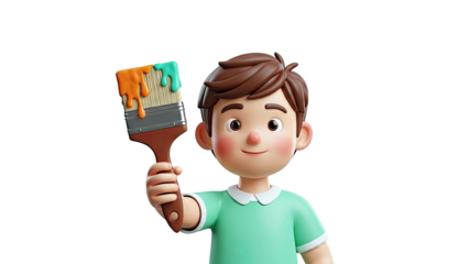 3D cartoon boy holding a paintbrush with dripping paint