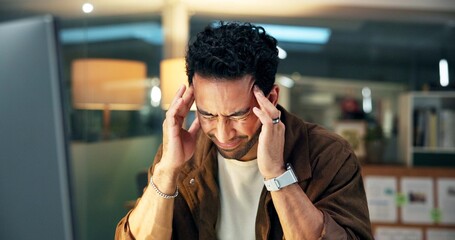 Computer, business man and headache in office from article stress, deadline pressure and burnout. Journalist, person and tension migraine at media agency from submission mistake or brain fog at night